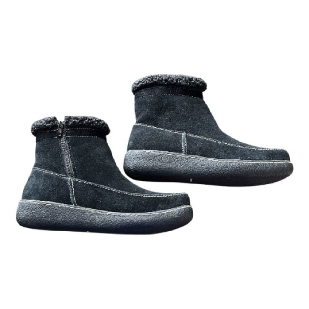 Lands' End Black Suede Fleece Lined Winter Ankle Boots with Zipper Size 10 B